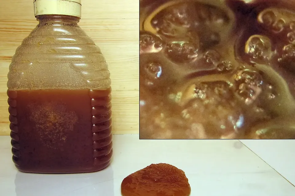 Un flacon de miel ambré à moitié cristallisé, avec en médaillon un gros plan sur les cristaux de sucre, et un morceau de miel cristallisé posé à côté